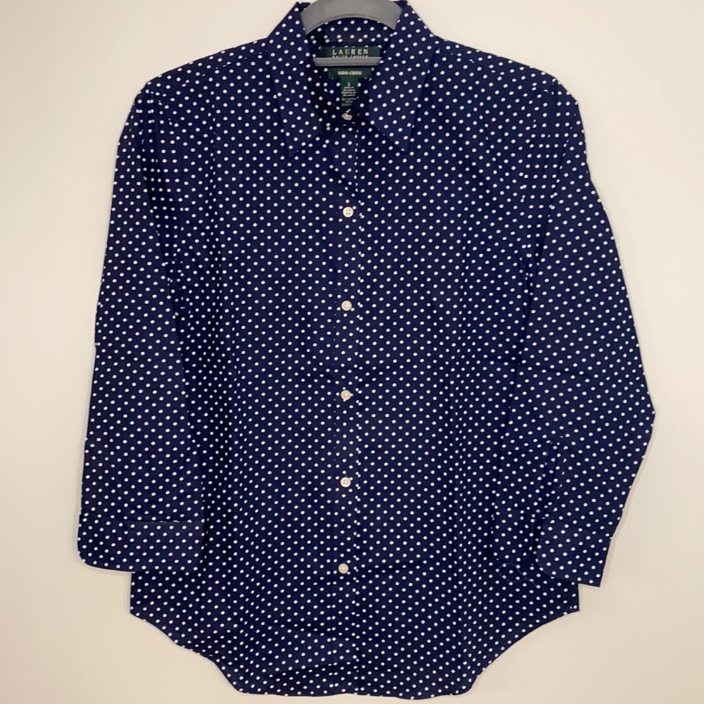 RALPH LAUREN navy/white polkadot button down shirt